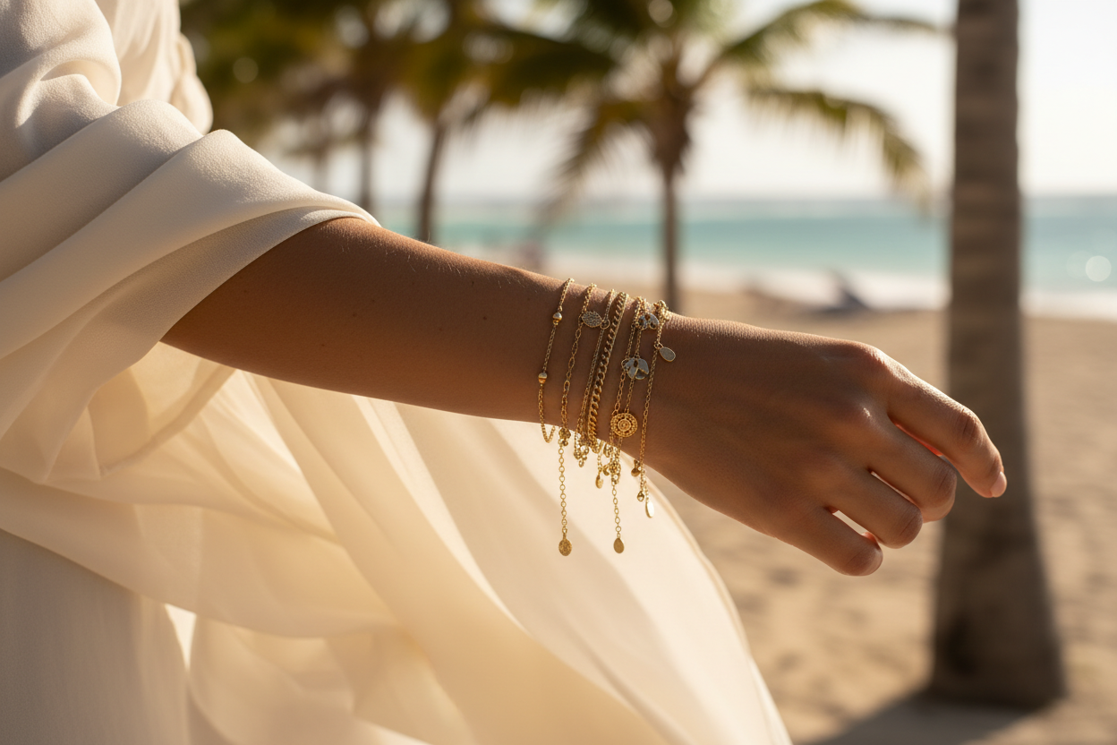 Let’s make it around palm trees and island like. Also make the bracelet dainty, and multiple bracelets 